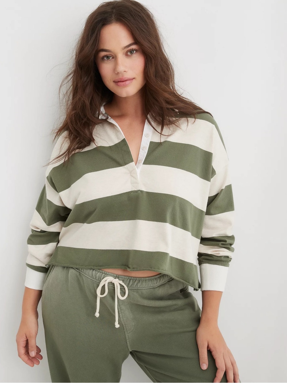 aerie Olive & Cream Striped Rugby Pullover